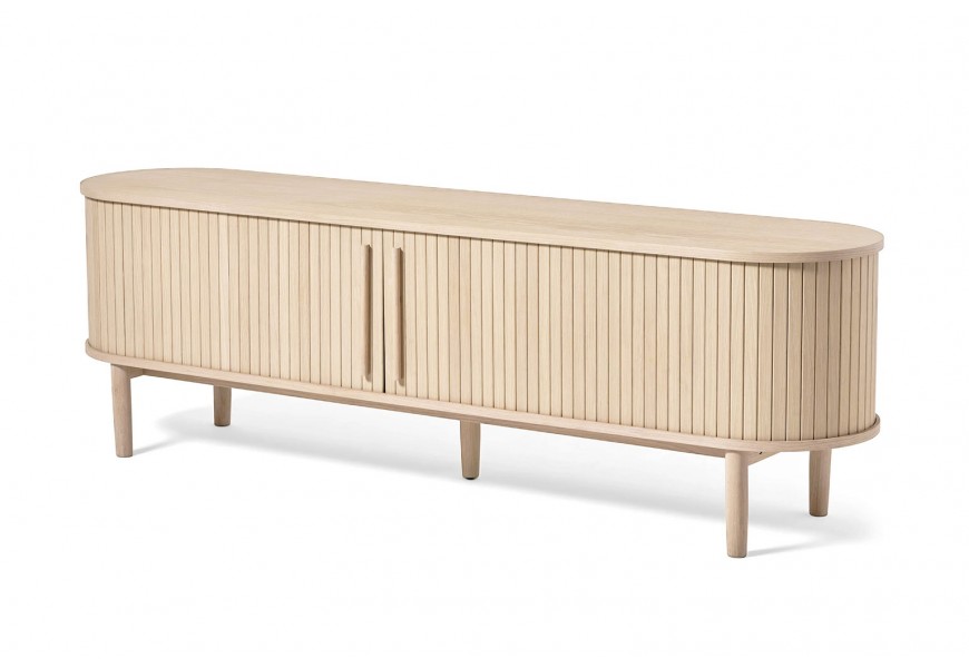 Retro oválný dvoudveřový televizní stolek Alborg s lamelovými posuvnými dvířky s válcovitým úchytem s pěti nožičkami v přírodní světle hnědé barvě s dubovým designem