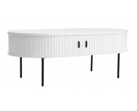 Modern&iacute; ov&aacute;ln&yacute; konferenčn&iacute; stolek Bornholm s &uacute;ložn&yacute;m prostorem s posuvn&yacute;mi dv&iacute;řky v b&iacute;l&eacute; barvě s čern&yacute;mi detaily 120 cm