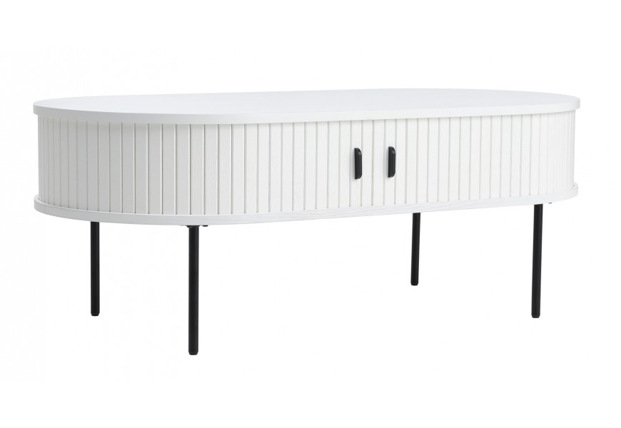 Skandinávský retro bílý konferenční stolek Bornholm s oválnou vrchní deskou s úložným prostorem s posuvnými dvířky s drážkovaným designem s kovovými úchyty a nožičkami v černé barvě