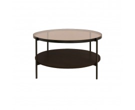 Industriální tmavý hnědý konferenční stolek Sonny s kulatou skleněnou deskou a dřevěnou policí s černým kovovým rámem 84 cm