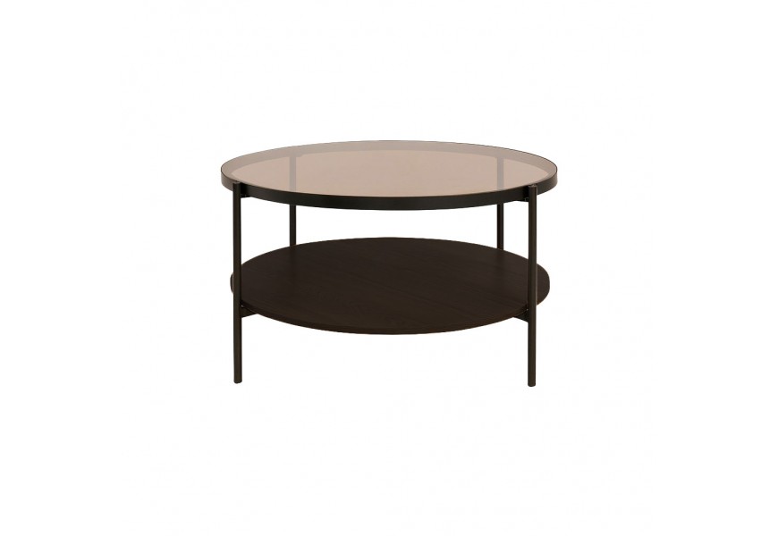 Skleněný retro kulatý konferenční stolek Sonny s průhlednou deskou z hnědého tónovaného skla s černými kovovými nohami a policí z melaminové dýhy v tmavém hnědém dubovém provedení