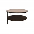 Skleněný retro kulatý konferenční stolek Sonny s průhlednou deskou z hnědého tónovaného skla s černými kovovými nohami a policí z melaminové dýhy v tmavém hnědém dubovém provedení