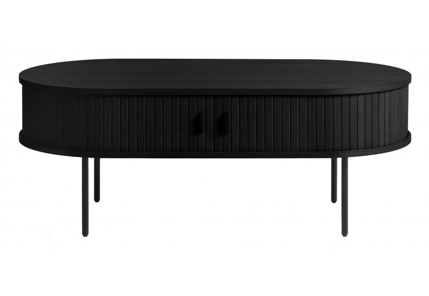 Retro skandinávský konferenční stolek Bornholm v černé barvě s oválnou vrchní deskou s úložným prostorem s posuvnými dvířky s vertikálním lamelovým reliéfem s úchyty a nožičkami z kovu