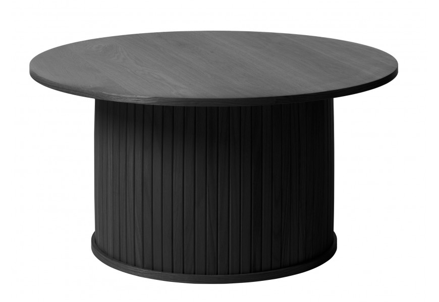 Retro designový kulatý konferenční stolek Bornholm v černém dubovém provedení s hladkou vrchní deskou a mohutnou válcovitou nohou obloženou vertikálními lamelami