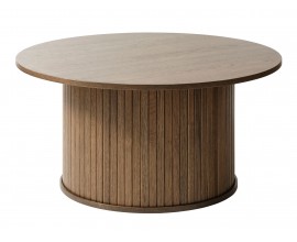 Retro kulatý konferenční stolek Bornholm s mohutnou nohou s lamelovým reliéfem s tmavě hnědým dubovým provedením 90 cm