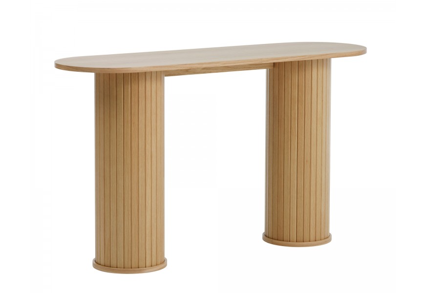 Retro světlý hnědý dubový konzolový stolek Bornholm s hladkou oválnou vrchní deskou a dvěma válcovitýma nohama s vertikálním lamelovým reliéfem s designem sloupů