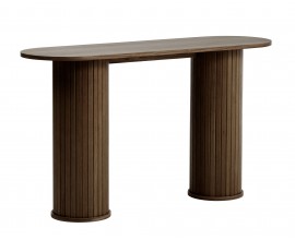 Retro tmav&yacute; hněd&yacute; dubov&yacute; konzolov&yacute; stolek Bornholm s ov&aacute;lnou deskou a v&aacute;lcovit&yacute;ma nohama s lamelov&yacute;m reli&eacute;fem 130 cm