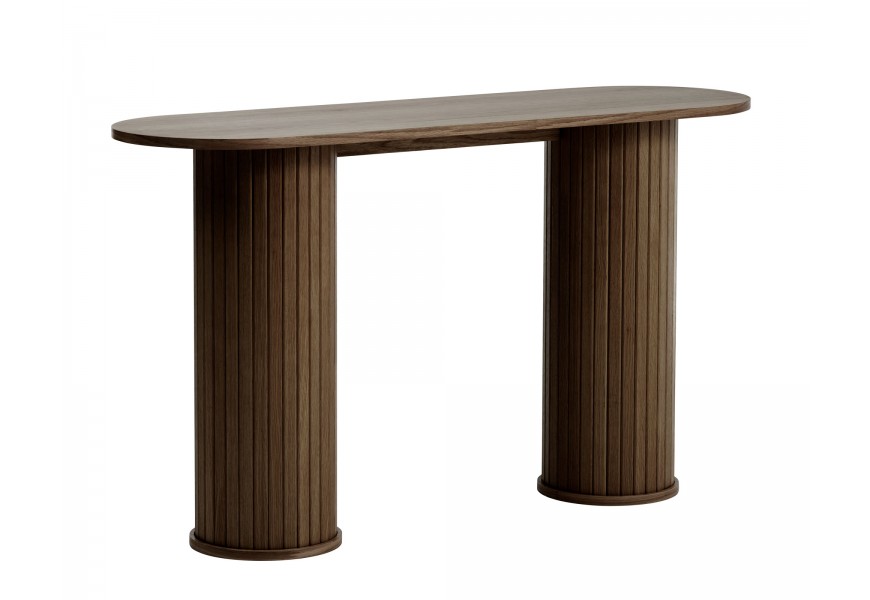 Skandinávský oválný konzolový stolek Bornholm v tmavém hnědém dubovém provedení s hladkou deskou a dvěma mohutnými válcovitými nohami s vertikálními lamelami