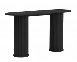 Modern&iacute; čern&yacute; konzolov&yacute; stolek Bornholm s hladkou ov&aacute;lnou vrchn&iacute; deskou a dvěma mohutn&yacute;ma nohama s lamelov&yacute;m reli&eacute;fem 130 cm