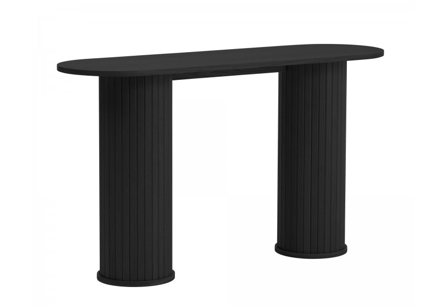 Designový retro oválný konzolový stolek Bornholm v černém dubovém provedení s hladkou deskou a dvěma širokými nohama ve tvaru válce s vertikálním lamelovým obkladem