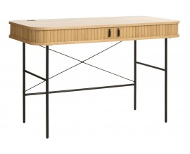 Skandin&aacute;vsk&yacute; psac&iacute; stůl Bornholm s &uacute;ložn&yacute;m prostorem ve světl&eacute;m hněd&eacute;m dubov&eacute;m proveden&iacute; s čern&yacute;ma nohama 120 cm