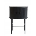 Modern&iacute; půlkruhov&yacute; nočn&iacute; stolek Bornholm v čern&eacute; barvě s posuvn&yacute;mi lamelov&yacute;mi dv&iacute;řky a kovovou podstavou 70 cm