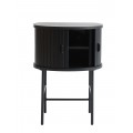 Modern&iacute; půlkruhov&yacute; nočn&iacute; stolek Bornholm v čern&eacute; barvě s posuvn&yacute;mi lamelov&yacute;mi dv&iacute;řky a kovovou podstavou 70 cm
