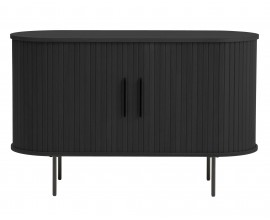 Retro čern&yacute; ov&aacute;ln&yacute; dvoudveřov&yacute; př&iacute;born&iacute;k Bornholm s posuvn&yacute;mi dv&iacute;řky s lamelov&yacute;m dekorem a &uacute;chyty a nožičkami z kovu