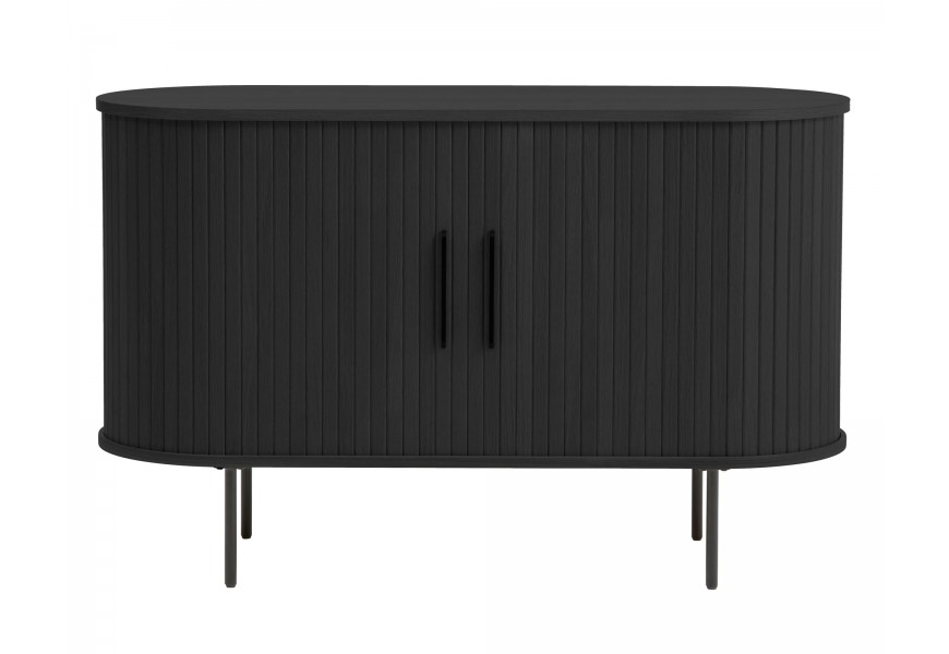 Retro černý oválný dvoudveřový příborník Bornholm s posuvnými dvířky s lamelovým dekorem a úchyty a nožičkami z kovu