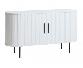 Moderní bílý příborník Bornholm oválného tvaru se dvěma posuvnými dvířky s lamelovým reliéfem a černými detaily 140 cm