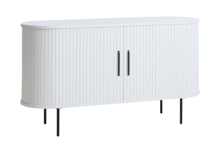 Retro oválný dvoudveřový příborník Bornholm v bílém dubovém provedení s úchyty a nožičkami z kovu v matné černé barvě se dvěma posuvnými dvířky a vertikálními lamelami