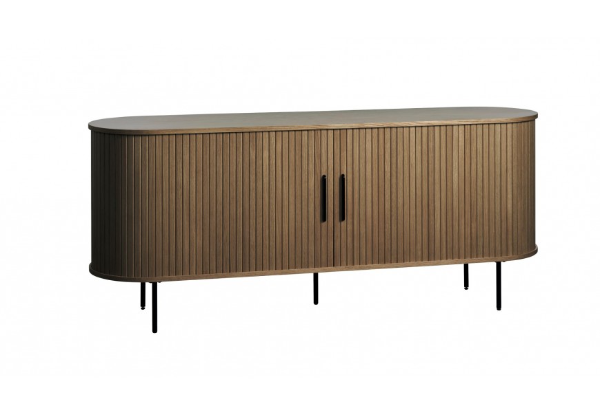 Skandinávský severský oválný příborník Bornholm s posuvnými dvířky s lamelovým dekorem v přírodní tmavé hnědé barvě s nožičkami a úchyty z kovu v matném černém provedení