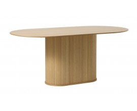 Skandin&aacute;vsk&yacute; ov&aacute;ln&yacute; j&iacute;deln&iacute; stůl Bornholm s mohutnou nohou s lamelov&yacute;m dekorem ve světl&eacute;m hněd&eacute;m dubov&eacute;m proveden&iacute; 180 cm