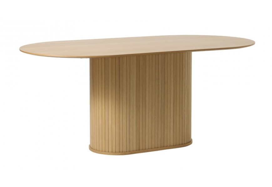 Retro světlý hnědý dubový jídelní stůl Bornholm s hladkou oválnou vrchní deskou a mohutnou válcovitou nohou vykládanou svislými lamelami