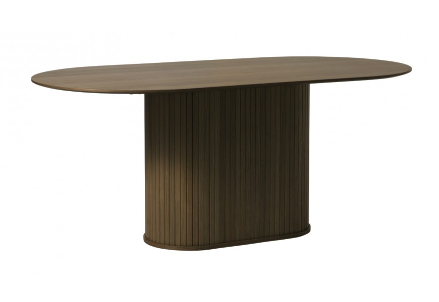 Skandinávský severský jídelní stůl Bornholm s oválnou vrchní deskou s hladkým povrchem s válcovitou mohutnou nohou s vertikálním lamelovým dekorem v tmavě hnědé barvě v přírodním dubovém provedení