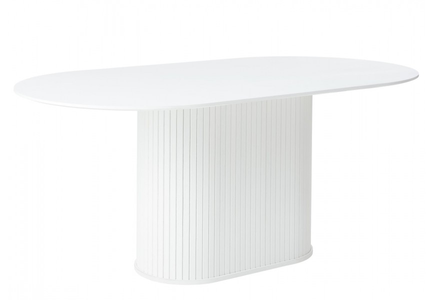 Retro jídelní stůl Bornholm s hladkou oválnou vrchní deskou s mohutnou oválnou nohou s vertikálním lamelovým obkladem v čistém bílém dubovém provedení
