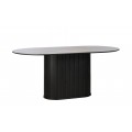 Retro oválný jídelní stůl Bornholm v černém dubovém provedení s přiznanou kresbou dřeva s hladkou vrchní deskou a válcovitou nohou s vertikálním lamelovým obkladem