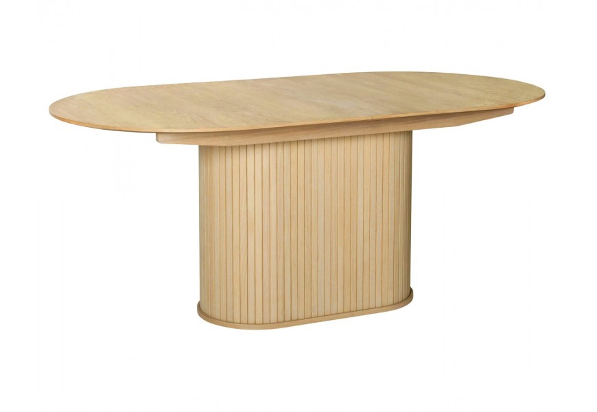 Retro světlý hnědý dubový jídelní stůl Bornholm s hladkou oválnou vrchní deskou s rozkládací funkcí s mohutnou nohou s vertikálním lamelovým obkladem
