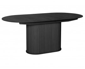 Modern&iacute; čern&yacute; dubov&yacute; j&iacute;deln&iacute; stůl Bornholm s ov&aacute;lnou rozkl&aacute;dac&iacute; deskou a mohutnou nohou s lamelov&yacute;m dekorem 180-230 cm