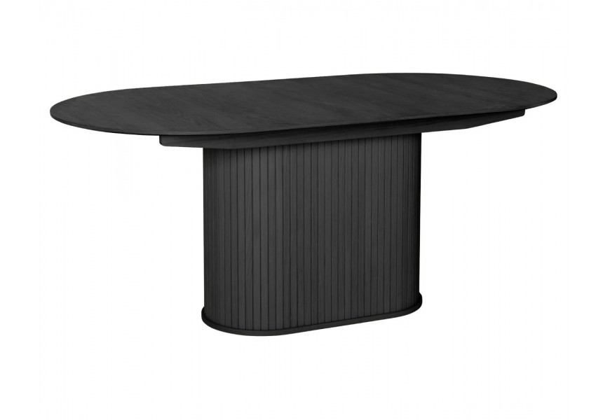 Retro oválný rozkládací jídelní stůl Bornholm v černém dubovém provedení s jemnou kresbou letokruhů dřeva s hladkou deskou s mohutnou nohou a vertikálním lamelovým dekorem