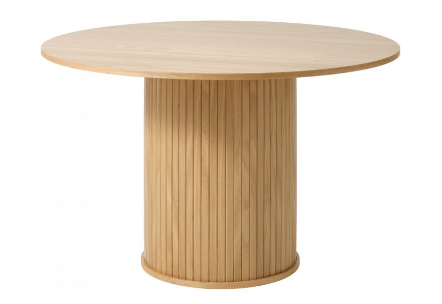 Retro světlý hnědý dubový jídelní stůl Bornholm s hladkou kulatou deskou a válcovitou nohou s vertikálním lamelovým dekorem