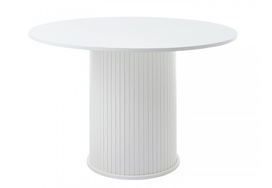 Retro bílý jídelní stůl Bornholm s kulatou hladkou vrchní deskou a mohutnou nohou ve tvaru válce s obkladem z vertikálních lamel