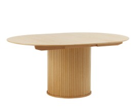 Skandin&aacute;vsk&yacute; kulat&yacute; rozkl&aacute;dac&iacute; j&iacute;deln&iacute; stůl Bornholm s lamelov&yacute;m dekorem ve světl&eacute;m hněd&eacute;m dubov&eacute;m proveden&iacute; 120-167 cm