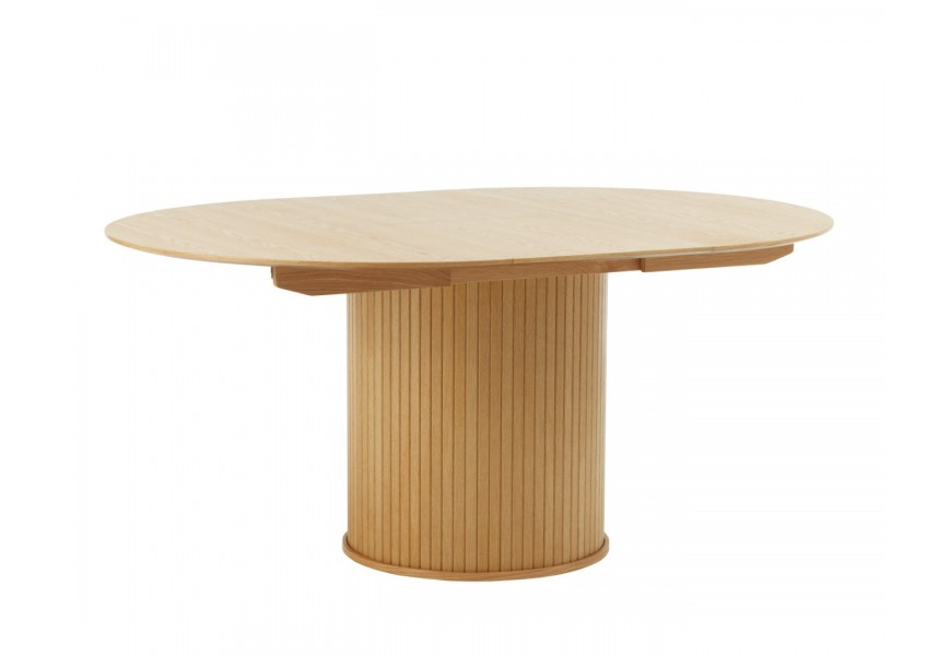 Retro světlý hnědý dubový jídelní stůl Bornholm s válcovitou nohou s lamelovým obkladem s hladkou kulatou vrchní deskou s možností rozložení na oválnou