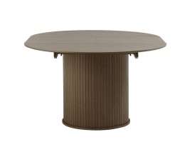 Retro tmav&yacute; hněd&yacute; dubov&yacute; j&iacute;deln&iacute; stůl Bornholm s kulatou rozkl&aacute;dac&iacute; deskou a lamelovou nohou 120-167 cm