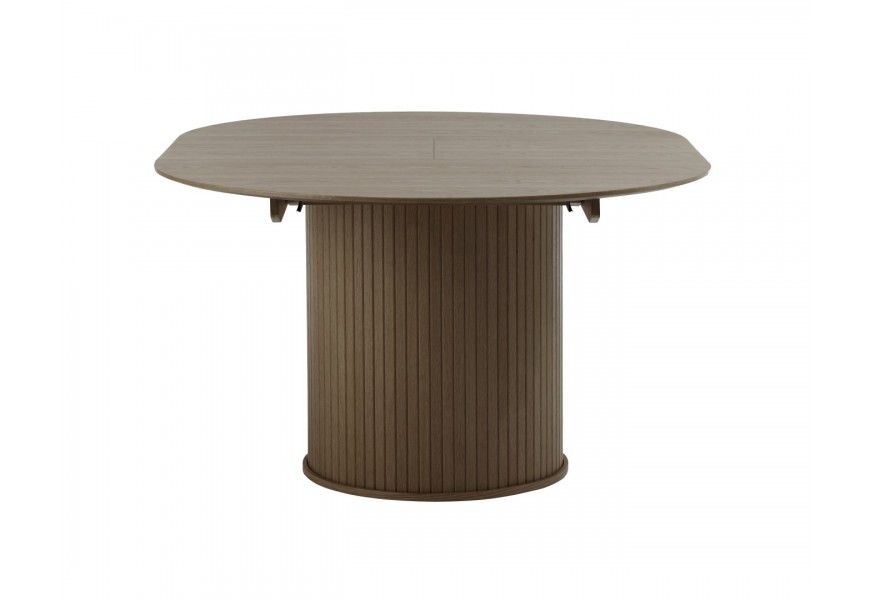 Skandinávský kulatý jídelní stůl Bornholm s rozkládací deskou na oválný tvar s válcovitou nohou s vertikálním lamelovým dekorem v tmavém hnědém dubovém provedení