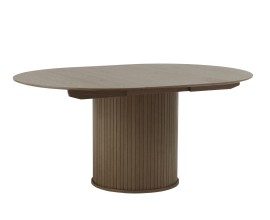 Retro tmav&yacute; hněd&yacute; dubov&yacute; j&iacute;deln&iacute; stůl Bornholm s kulatou rozkl&aacute;dac&iacute; deskou a lamelovou nohou 120-167 cm