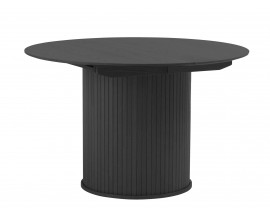 Moderní černý jídelní stůl Bornholm s kulatou deskou s rozkládáním na oválnou s lamelovou nohou v černé barvě 120-167 cm