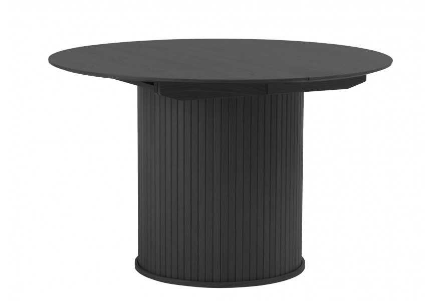 Retro kulatý rozkládací jídelní stůl Bornholm v černém dubovém provedení s hladkou deskou a válcovitou nohou s vertikálními lamelami