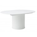 Modern&iacute; kulat&yacute; rozkl&aacute;dac&iacute; j&iacute;deln&iacute; stůl Bornholm v b&iacute;l&eacute; barvě s hladkou deskou a nohou s lamelov&yacute;m obkladem 120-167 cm