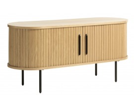 Skandin&aacute;vsk&yacute; ov&aacute;ln&yacute; TV stolek Bornholm s posuvn&yacute;mi lamelov&yacute;mi dv&iacute;řky ve světl&eacute;m hněd&eacute;m dubov&eacute;m proveden&iacute; 120 cm