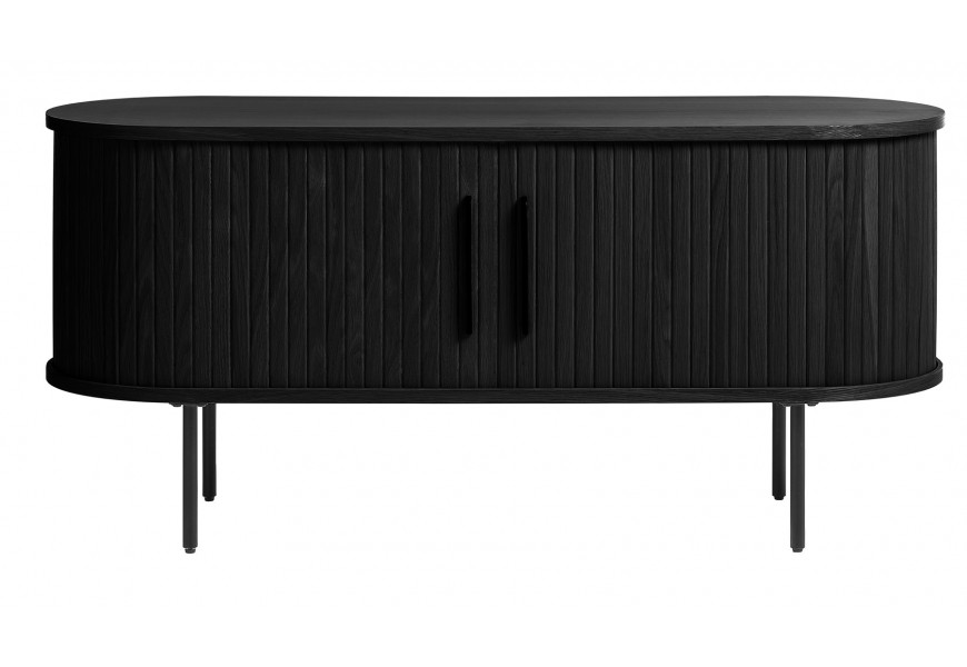 Retro dvoudveřový televizní stolek Bornholm oválného tvaru s lamelovým dekorem a štíhlýma kovovými nohami a úchyty v černém dubovém provedení