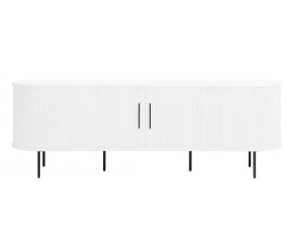 Retro ov&aacute;ln&yacute; b&iacute;l&yacute; dvoudveřov&yacute; televizn&iacute; stolek Bornholm s lamelov&yacute;m dekorem a &scaron;esti nohama a &uacute;chyty z kovu v matn&eacute;m čern&eacute;m proveden&iacute;