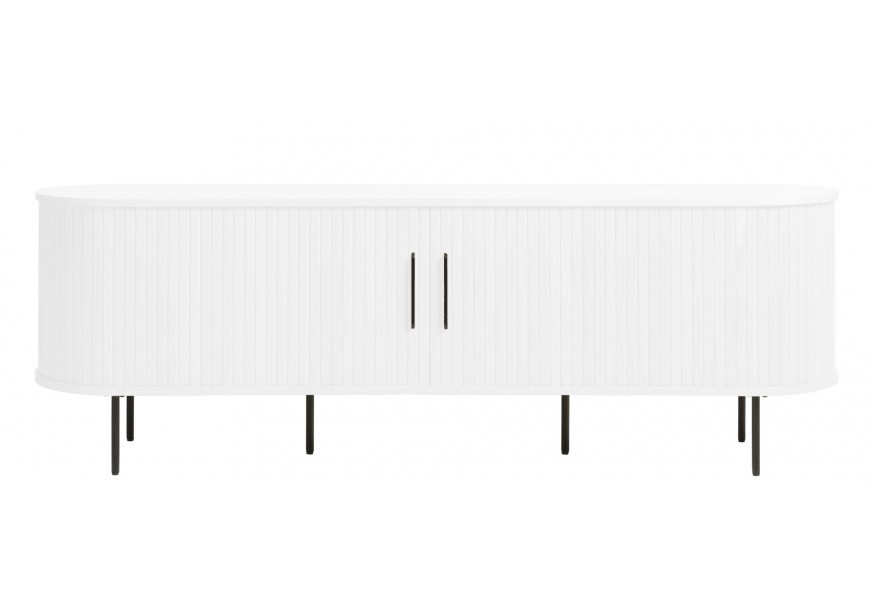 Retro oválný bílý dvoudveřový televizní stolek Bornholm s lamelovým dekorem a šesti nohama a úchyty z kovu v matném černém provedení
