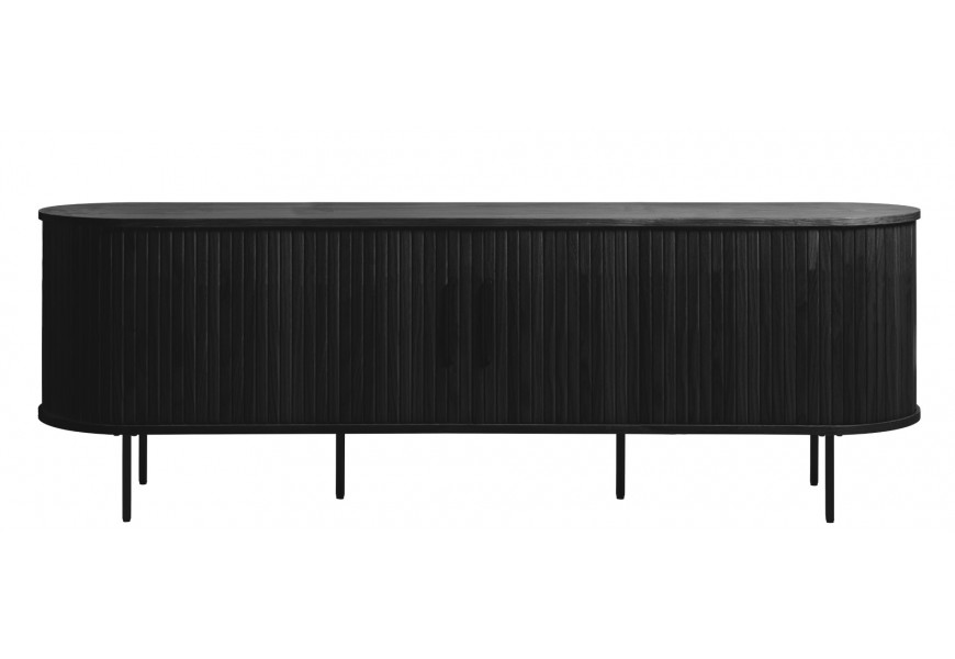 Retro televizní stolek Bornholm oválného tvaru z dubového dřeva v černém provedení se dvěma posuvnými dvířky s vertikálním lamelovým dekorem se šesti nožičkami a úchyty z kovu v matné černé barvě