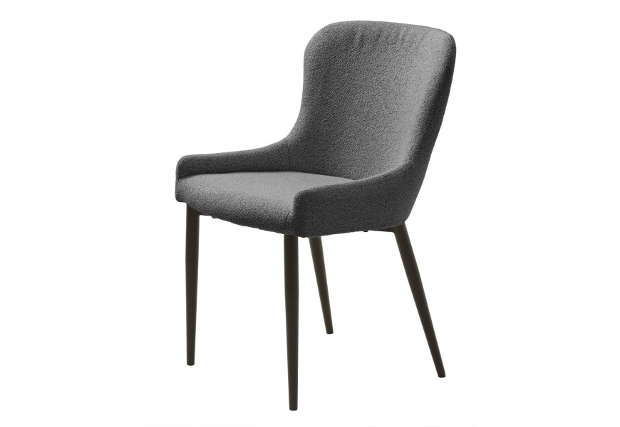Designová moderní jídelní židle Shariq se zaoblenou zádovou opěrkou a potahem z buklé v tmavě šedé barvě s černýma nohama z kovu