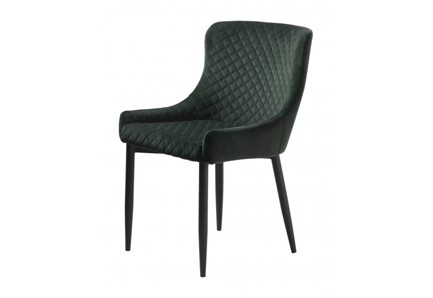 Designová art deco tmavá zelená jídelní židle Shariq s čalouněnou sedací částí s prošívanou vnitřní stranou opěrky s kosočtvercovým vzorem se sametovým potahem s válcovitýma nohama z kovu v černé barvě