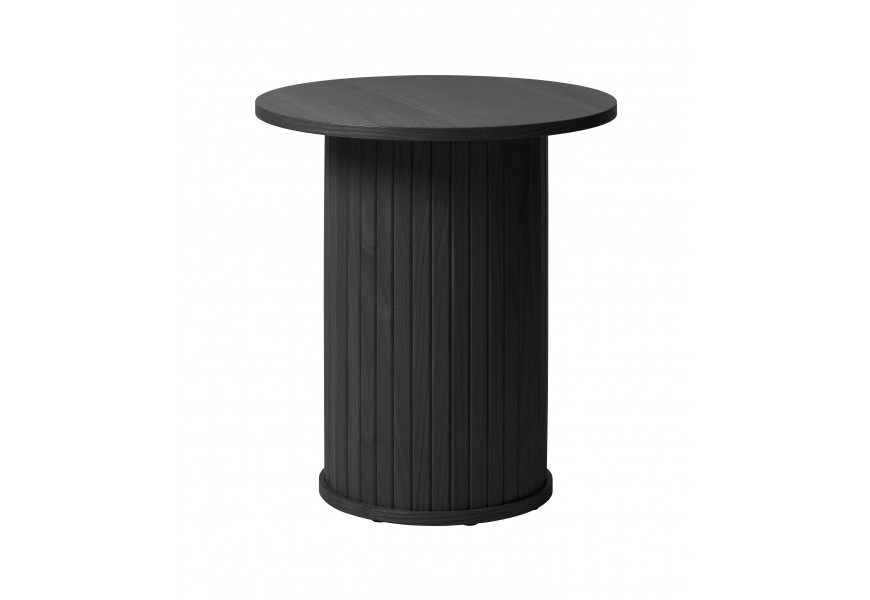 Retro černý příruční stolek Bornholm s kulatou hladkou deskou a širokou válcovitou nohou s vertikálními lamelami