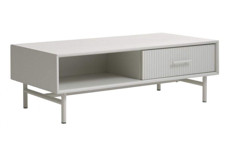 Art deco konferenční stolek Hvidea ve světlém šedo béžovém odstínu greige s obdélníkovou vrchní deskou a úložným prostorem s jednou policí a zásuvkou s kovovými nohama