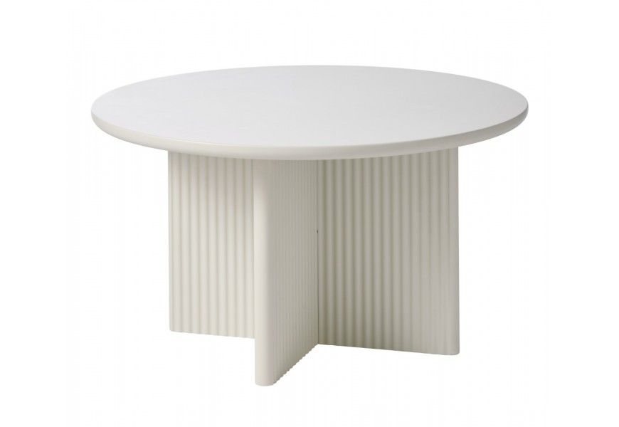 Art deco konferenční stolek Hvidea s hladkou kulatou deskou s podstavou se čtyřmi nohama ve tvaru X s drážkovaným reliéfem ve světlém odstínu greige v šedobéžové barvě